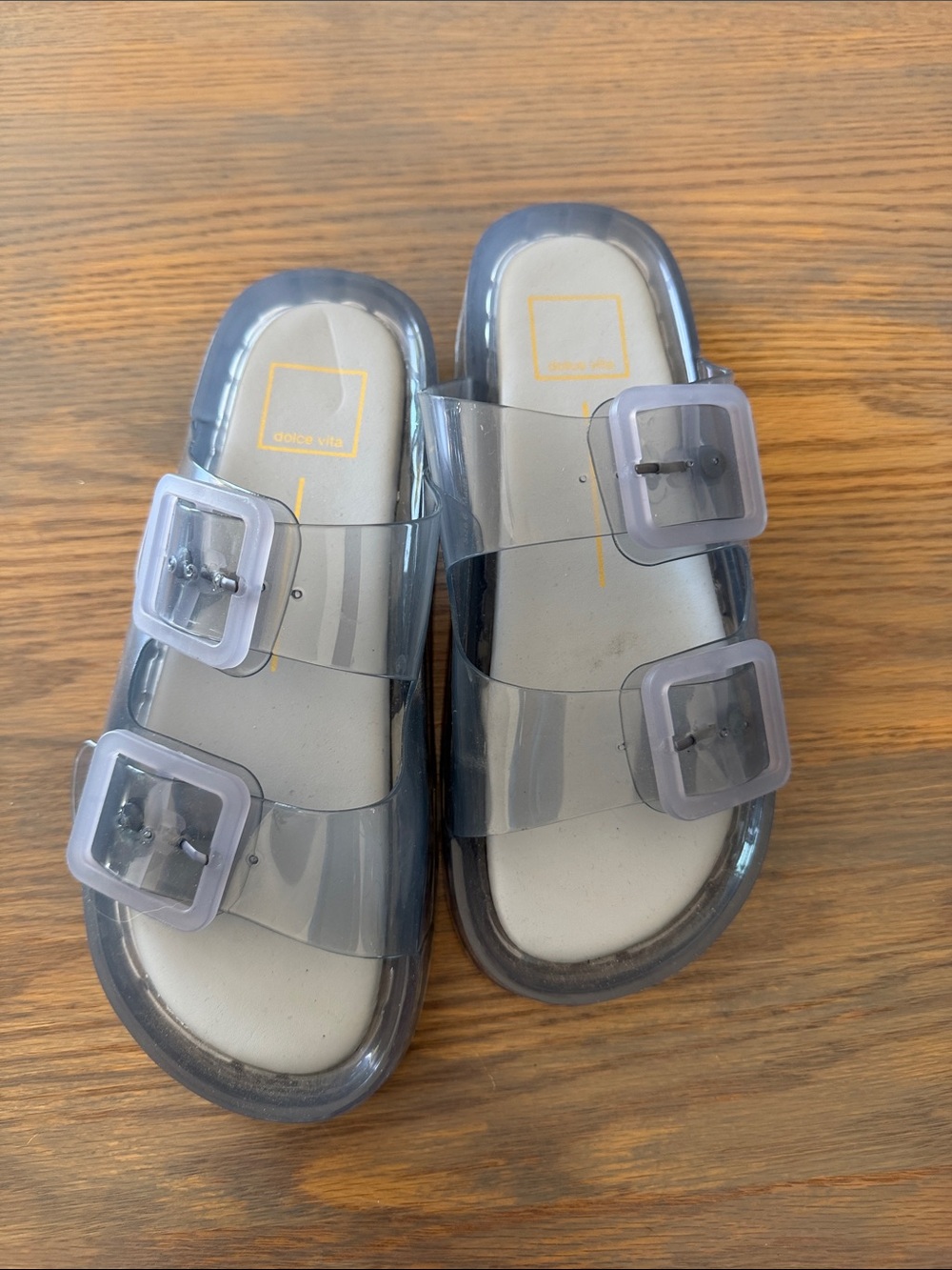 Dolce Vita Transparent Gray Jelly Double-Buckle Slide Sandals